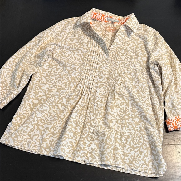 Foxcroft Size 16 Tan White Orange Floral Swirl Paisley3/4 sleeves button up - Picture 1 of 6